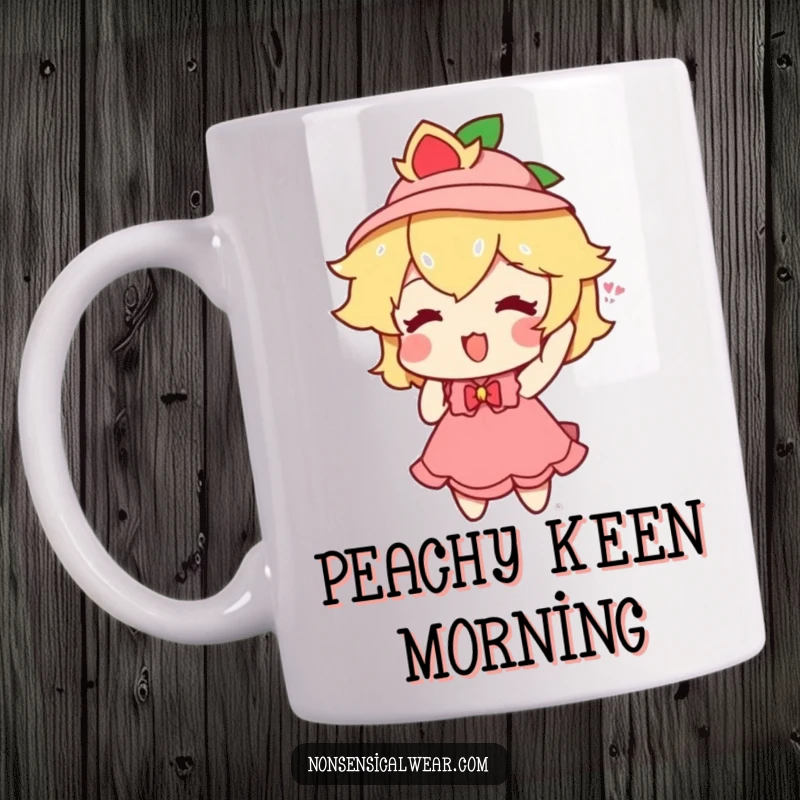 Funny peach character enthusiastically putting on a small, stylish hat, depicted on a mug for pure enjoyment.