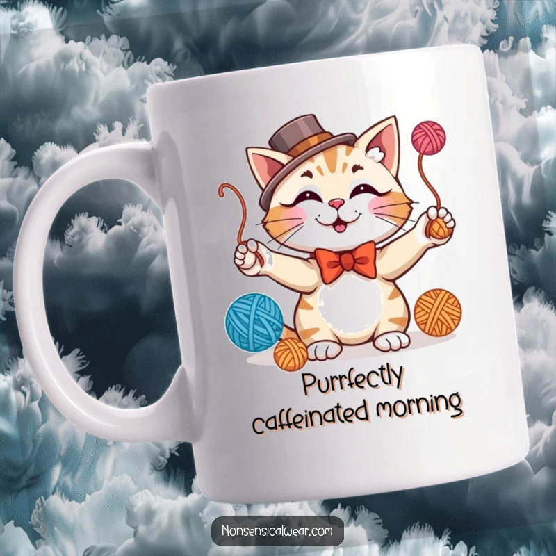 Funny mug showcasing a smiling, dapper cat wearing a bowtie and top hat, skillfully juggling colorful yarn balls.