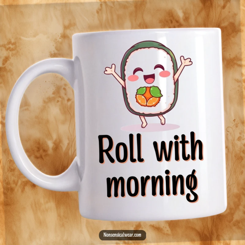 Funny sushi mug featuring a delighted sushi roll character joyfully dancing with enthusiasm, making breakfast a celebration.