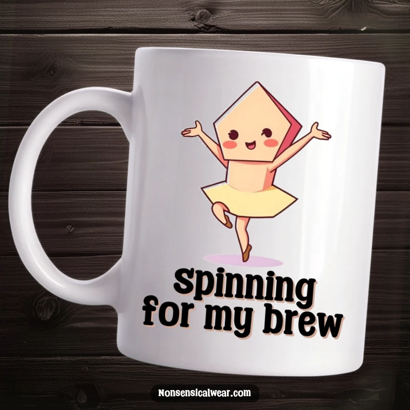 Funny mug featuring a vibrant pentagon character gracefully performing a pirouette with a flourish and an elegant, happy expression.
