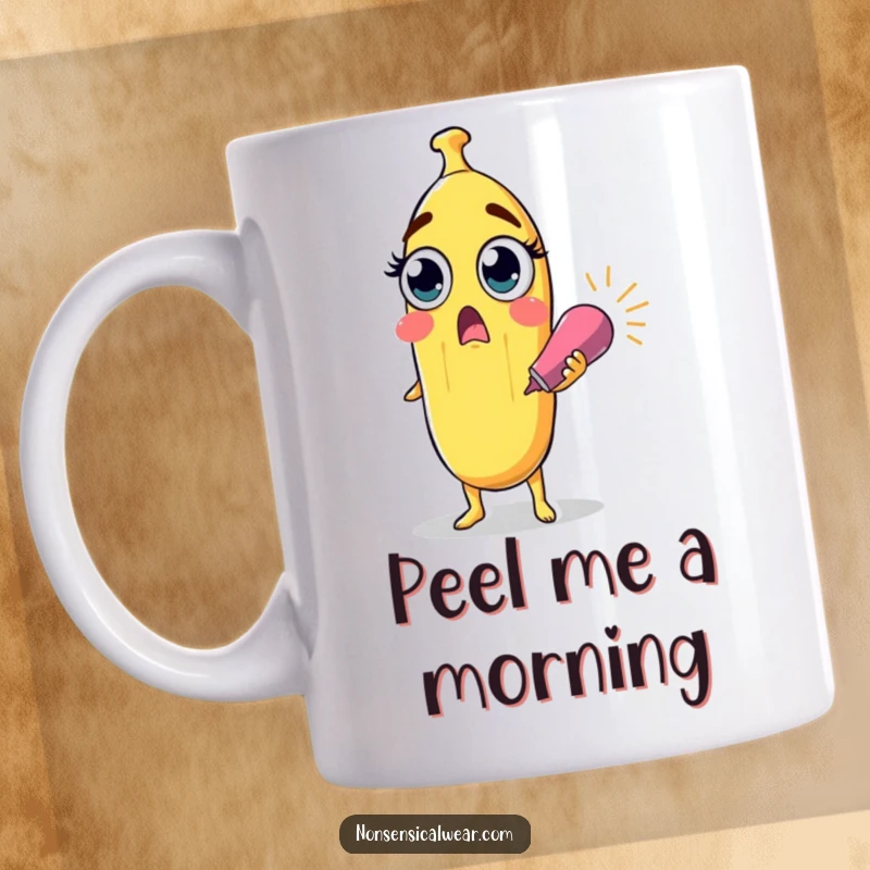 Funny surprised banana character with wide eyes popping a party popper on a ceramic mug, a hilarious and shocking gift.