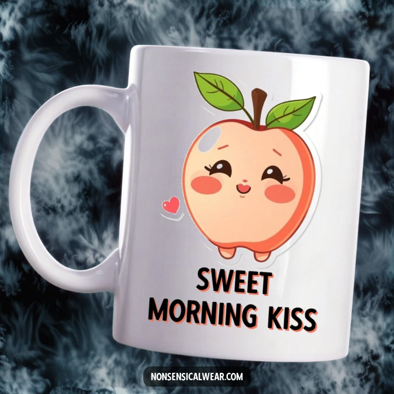 Funny apple mug featuring a blushing apple character joyfully blowing a kiss, radiating sweetness and affection, perfect for sharing love.