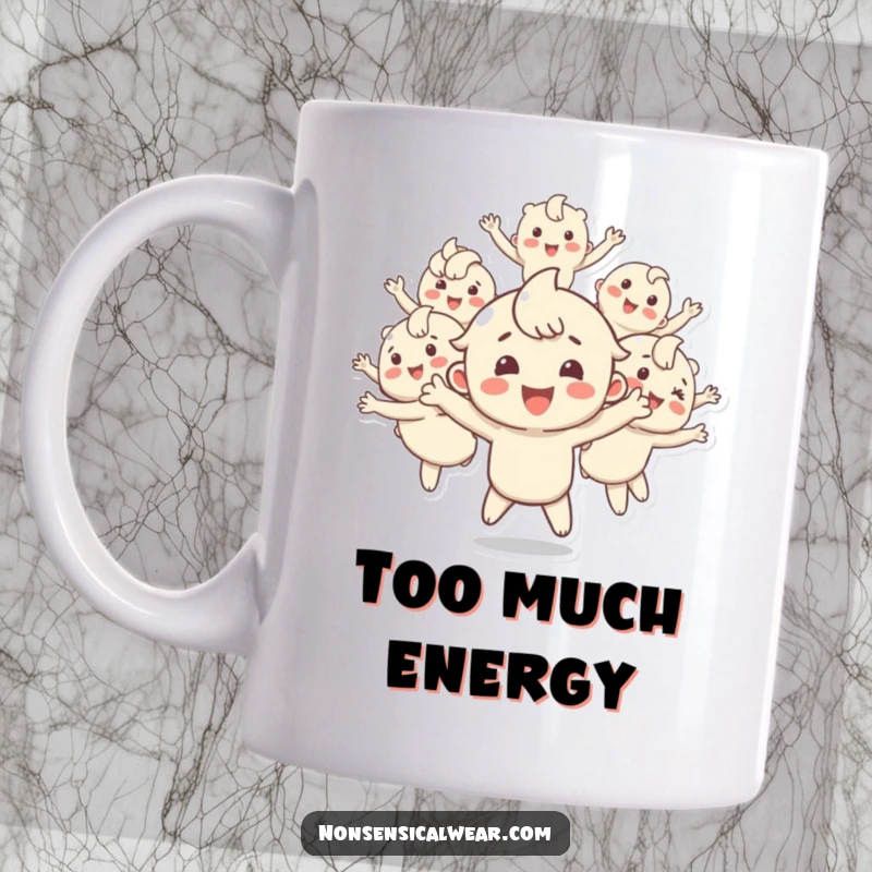 Funny mug illustrating a happy character multiplying into several energetic, bouncing duplicates of itself, conveying boundless energy and amusement, a fun item.