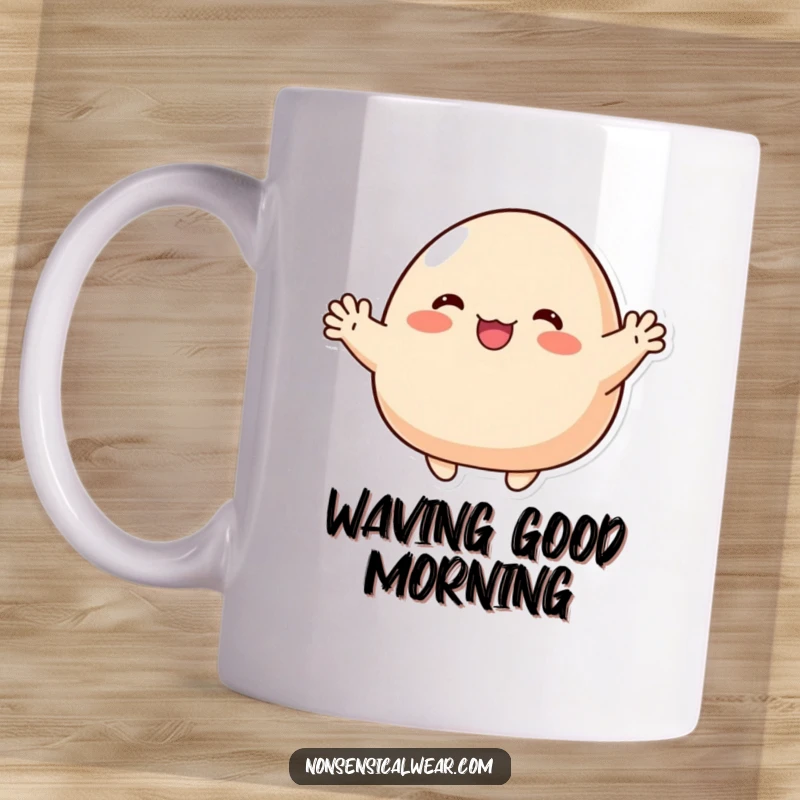Funny Mug: A cute blob character enthusiastically waving with tiny, stubby arms, spreading cheerful greetings.