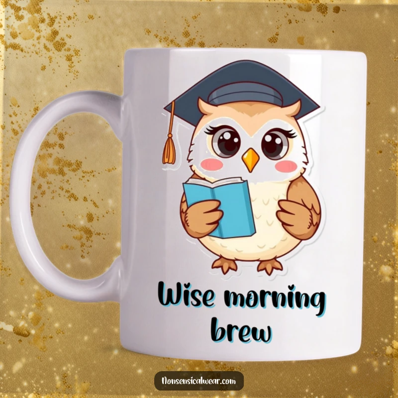 Funny mug featuring a round owl wearing a graduation cap and holding a book, looking wise and proud.