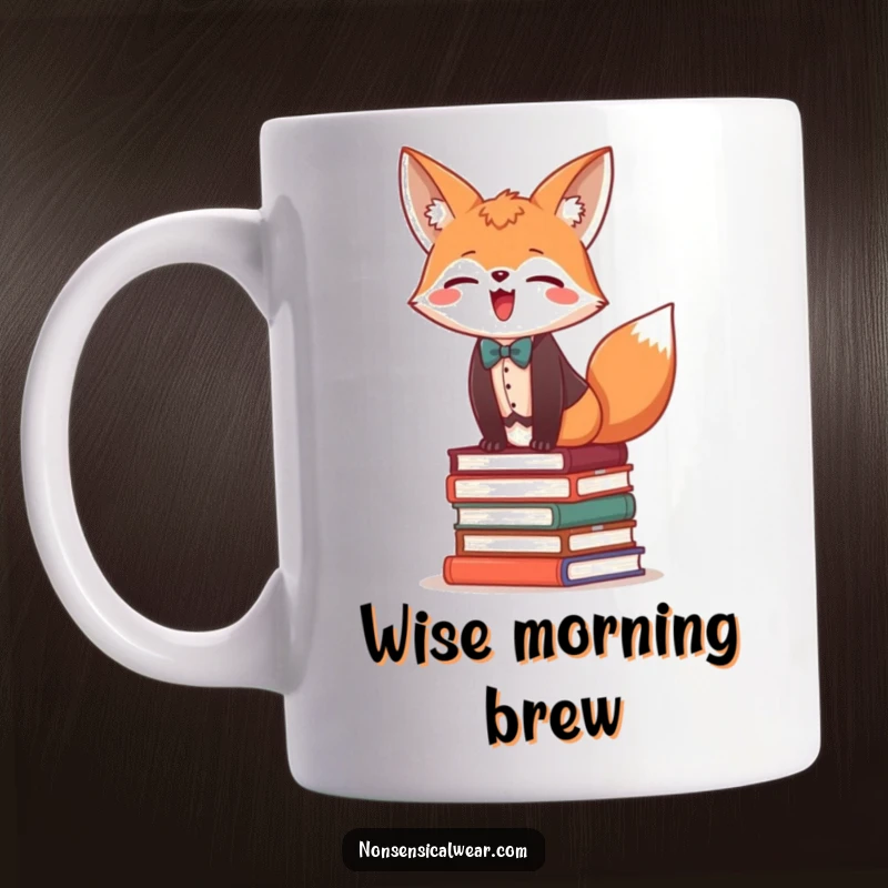 Funny mug featuring a giggling fox in a vest and bow tie, skillfully balancing on a tall stack of books.