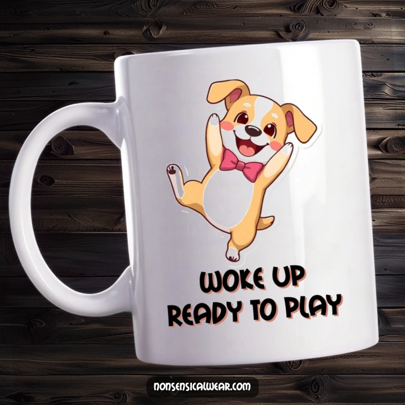 Funny mug showcasing a happy dog wearing a bowtie, captured mid-somersault with pure playful energy and joy.