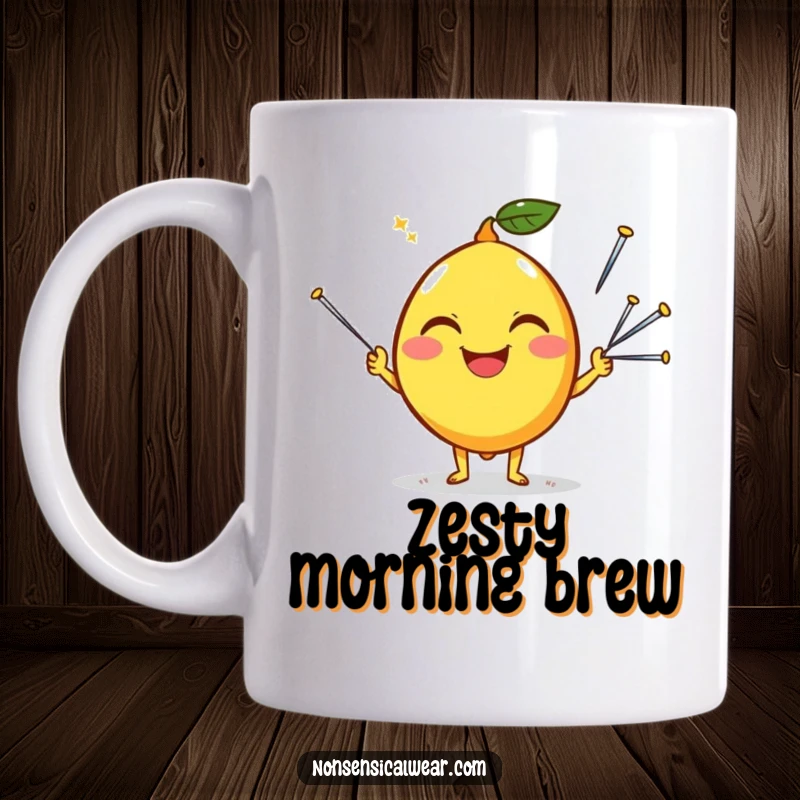 Funny mug showing a happy lemon character with a silly grin, skillfully juggling sharp sewing needles.