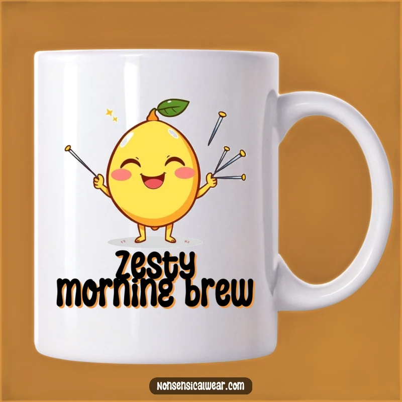 Funny Happy Lemon Juggling Needles Mug: Silly Citrus Gift