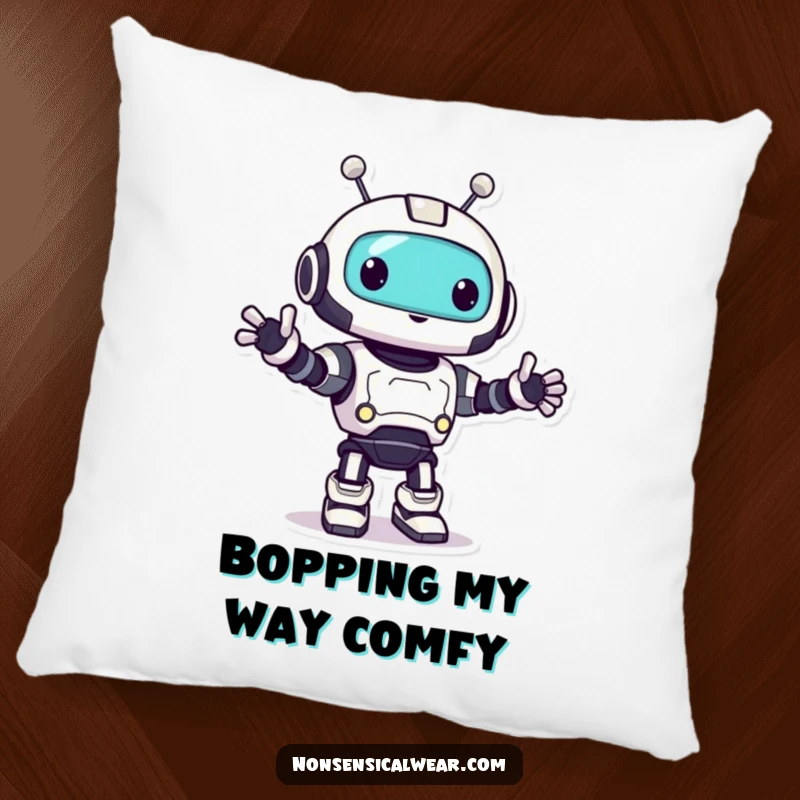 Funny robot pillow featuring a cute character doing a happy little bop, adding comfort and humor to a sofa.