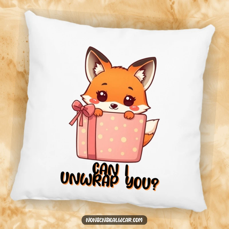 Funny kawaii fox peeking from behind a large, colorful present, a humorous and cuddly design on this pillow, great for comfort.