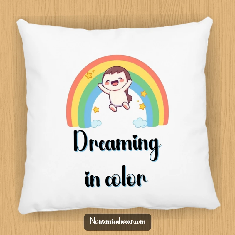 Funny pillow: a laughing character enjoys a smooth ride down a rainbow, surrounded by cheerful stars.