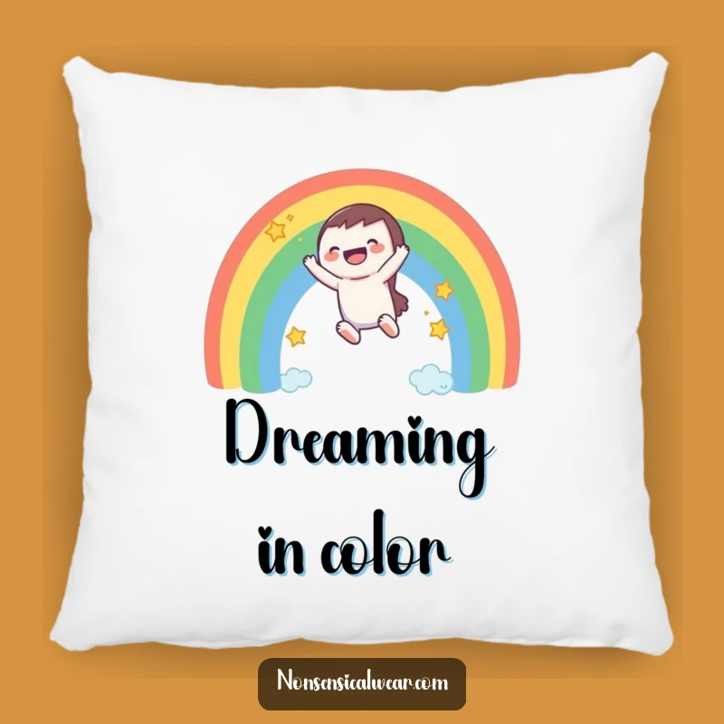Comfy Funny Rainbow Dream Pillow: A Laughing Character's Soft, Cheerful Ride!
