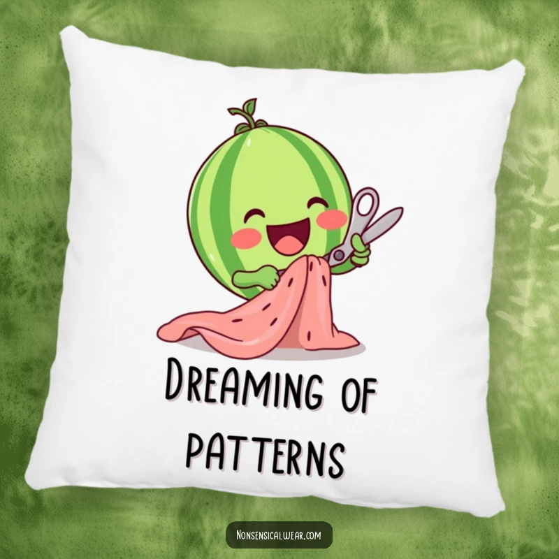 Soft, plush funny watermelon pillow, featuring a character cutting fabric with scissors, for cozy crafting enjoyment.