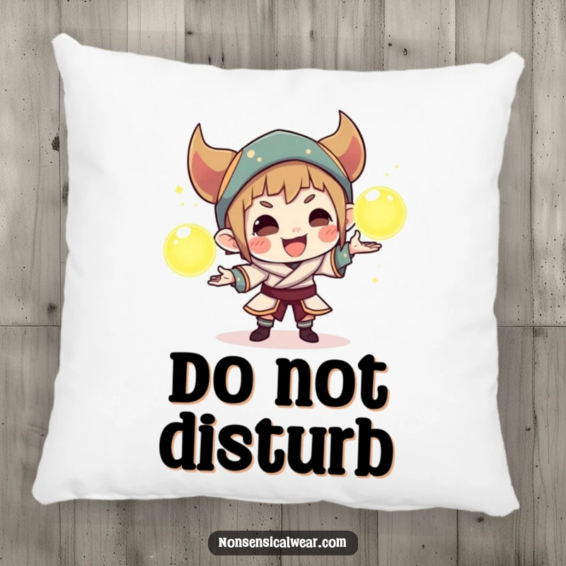 Funny decorative pillow with a cunning character juggling three luminous orbs, adding a playful and magical element to any room.