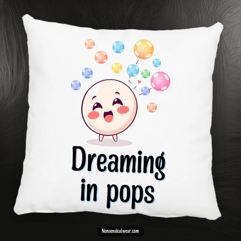 Funny Pillow: A delighted circle character blowing a stream of colorful, floating bubbles, adding comfort and humor to any seating.