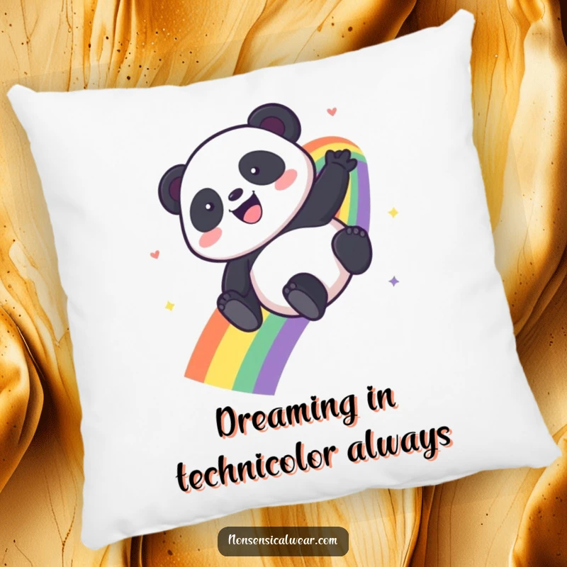 Funny Kawaii Panda pillow featuring a panda sliding down a rainbow, offering comfort and a splash of happy color.