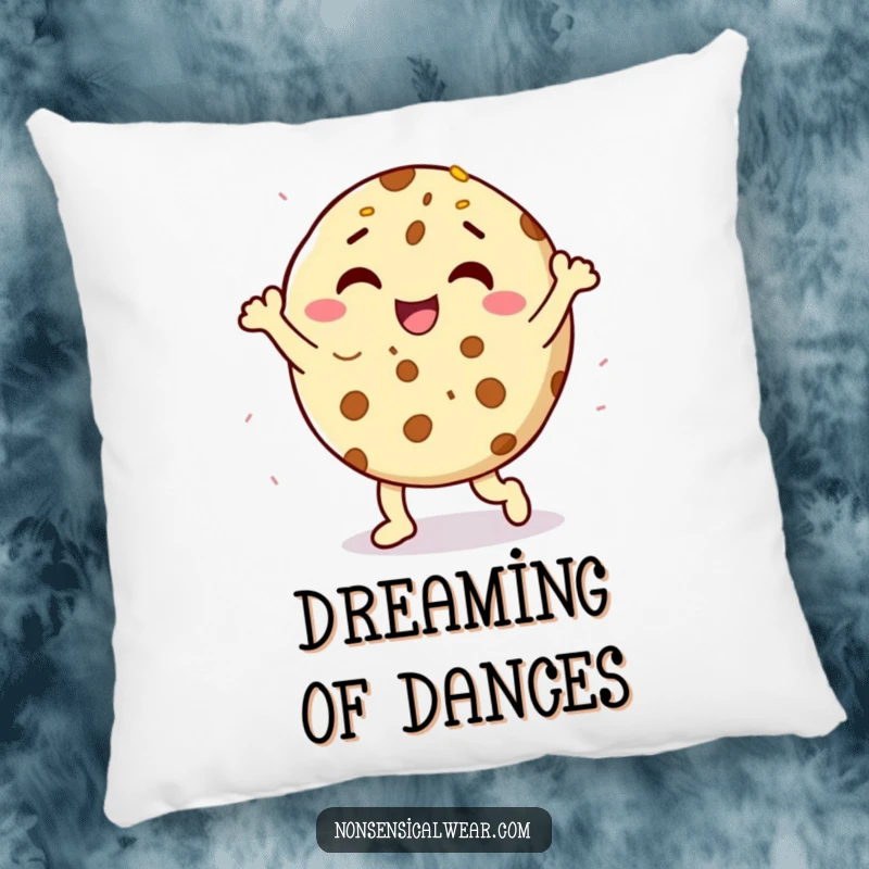 Funny delighted cookie character doing a happy dance with sprinkles on a plush pillow, a soft and humorous decor item.