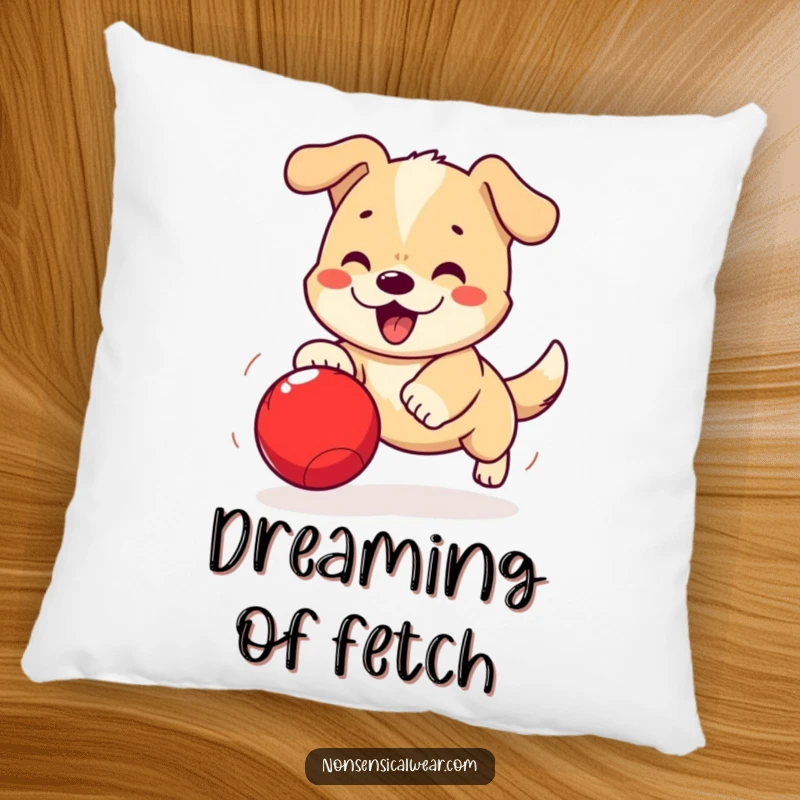 Funny Kawaii Dog Pillow: A playful kawaii dog is shown in pursuit of a bouncing ball, offering comfort.