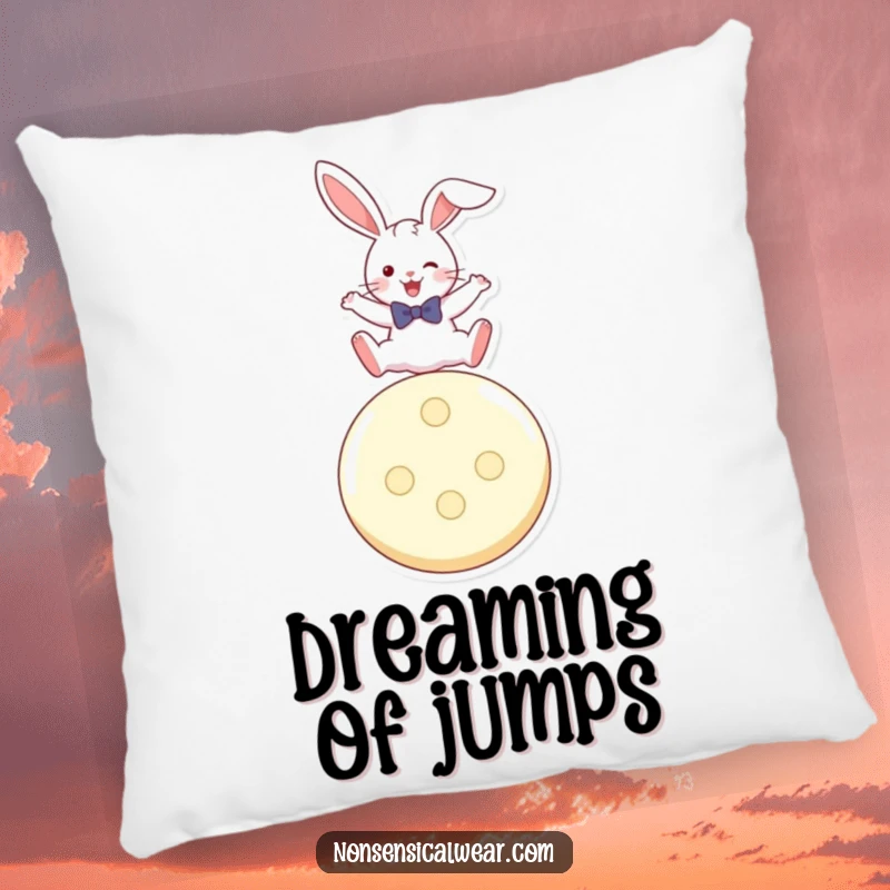 Funny pillow showing a playful rabbit in a bow tie, leaping enthusiastically over a giant button.