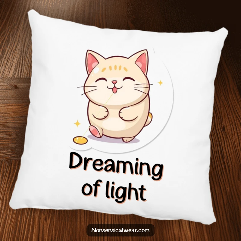 Funny decorative pillow with a round cat intensely chasing a red laser pointer dot, radiating playful energy and humor.