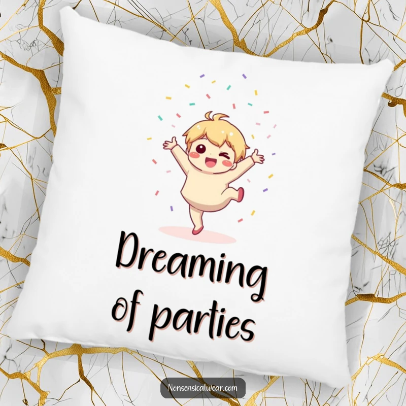 Funny pillow: a cute kawaii character joyfully does a cartwheel, tossing confetti, for ultimate comfort and cheer.