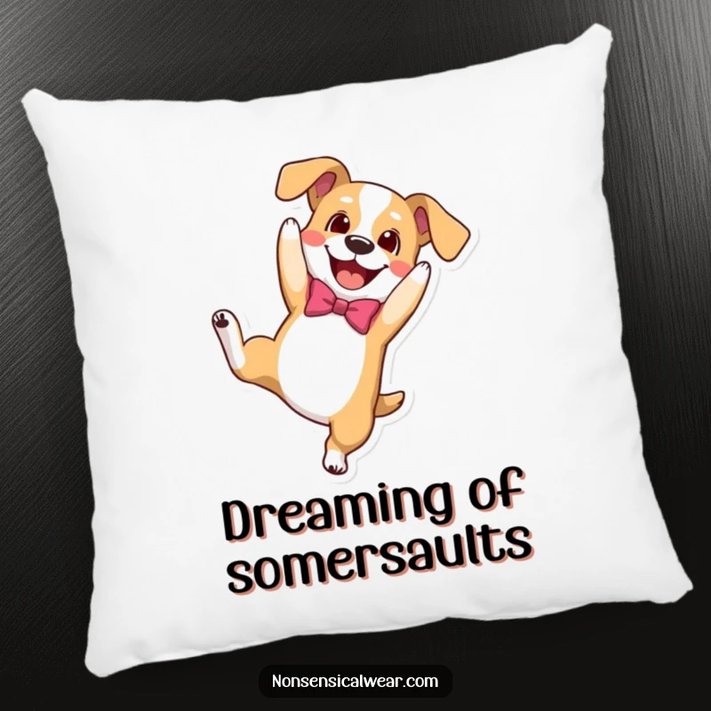 Funny pillow featuring a happy dog in a bowtie doing a playful somersault, offering cozy canine comfort and energy.