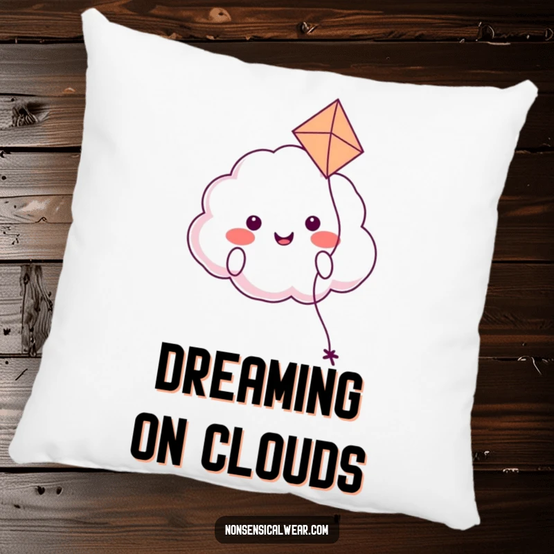Funny pillow featuring a smiling cloud character happily floating with a kite, bringing comfort and a sense of peace.