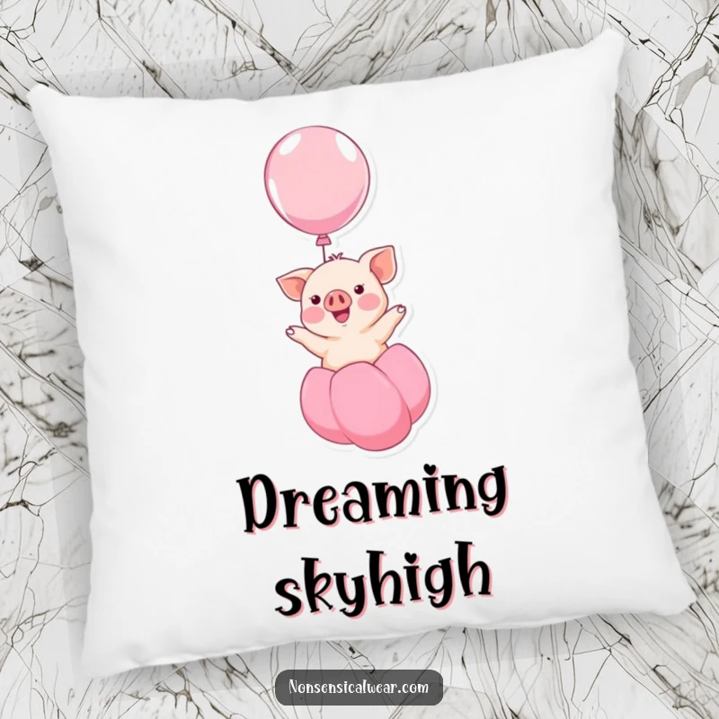 Funny kawaii piglet smiling while floating upwards on a balloon, a humorous and cuddly design on this pillow, great for comfort.