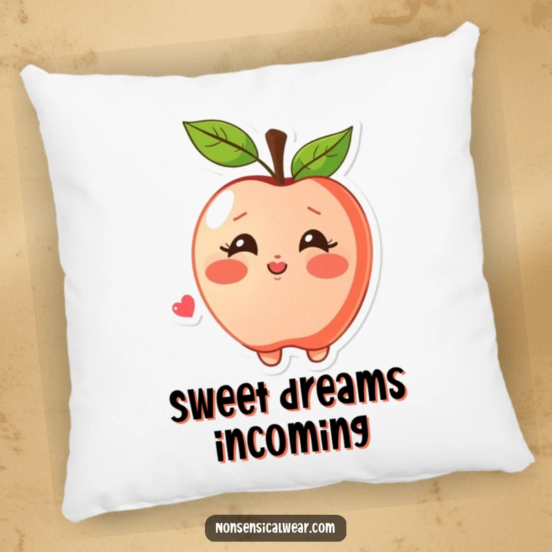 Funny pillow featuring a blushing apple character joyfully blowing a kiss, perfect for adding comfort and sweet sentiment.