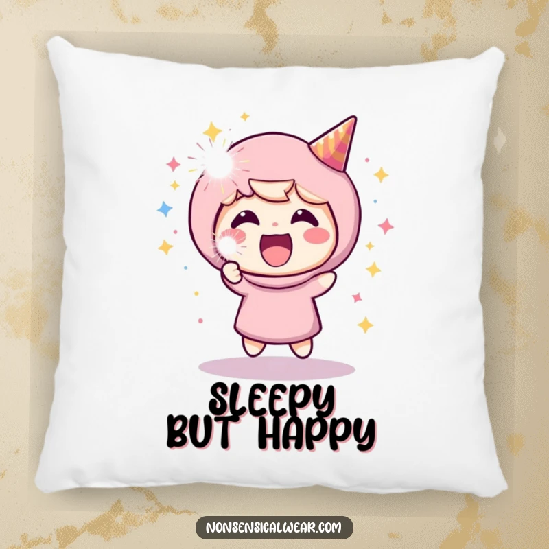 Funny decorative pillow with a beaming character launching a sparkling party popper, adding a touch of playful celebration to any room.
