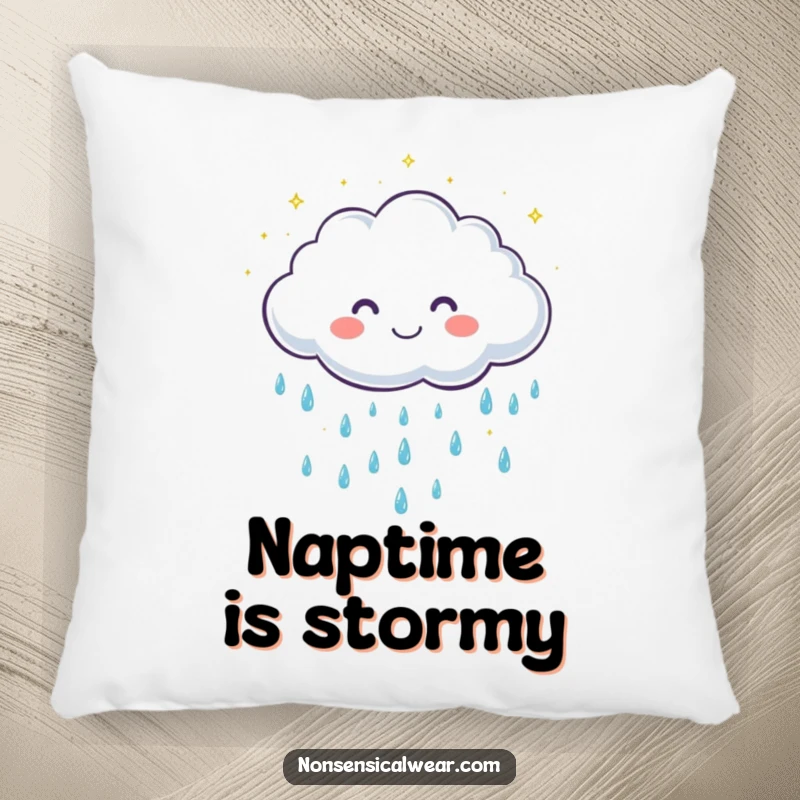 Funny pillow adorned with a cute, grinning cloud character showering gentle, sparkling raindrops, adding cozy charm and humor.