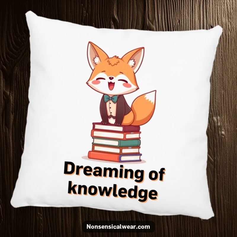 Funny pillow showing a giggling fox in a vest and bow tie, balancing on a stack of books.