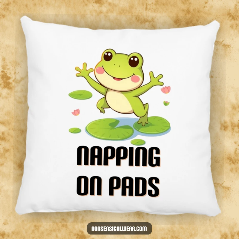 Funny pillow with a smiling frog character playfully leaping on lily pads, offering comfort and pondside charm.