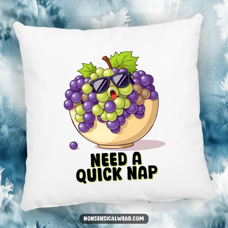 Funny grapes pillow design of startled grapes wearing tiny sunglasses, trying to escape a giant fruit bowl.