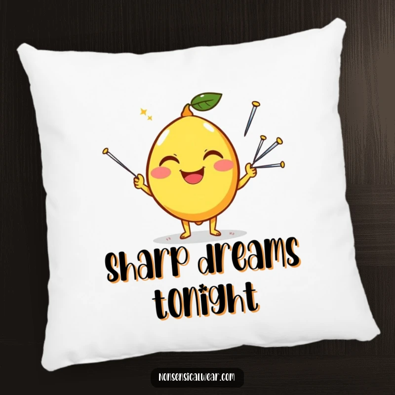 Funny pillow featuring a happy lemon character with a silly grin, juggling sewing needles, adding a humorous accent.