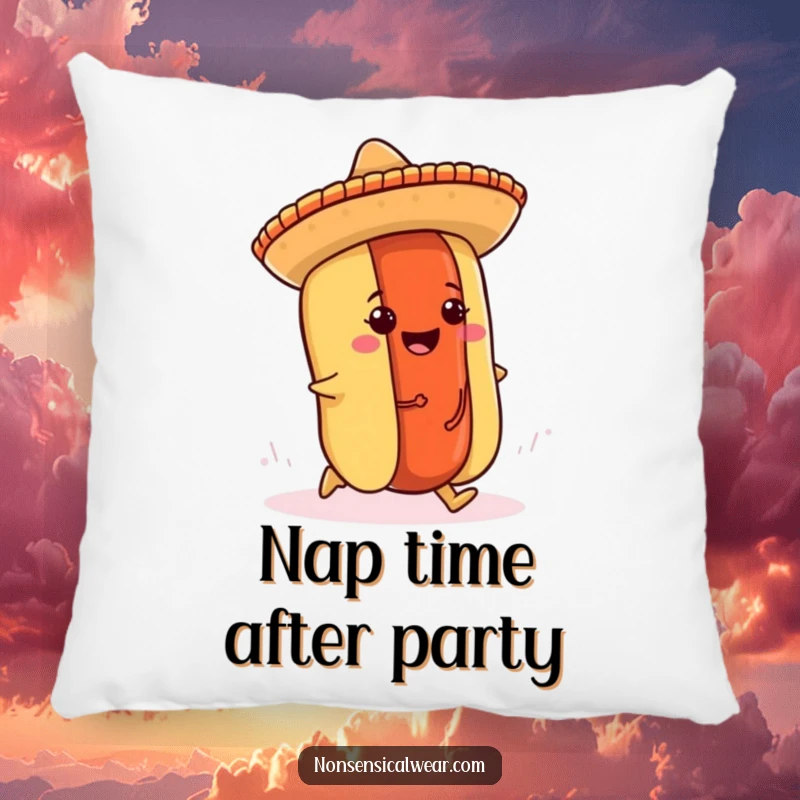 Funny hot dog pillow design of a cheerful hot dog wearing a mini sombrero tripping over its own bun.