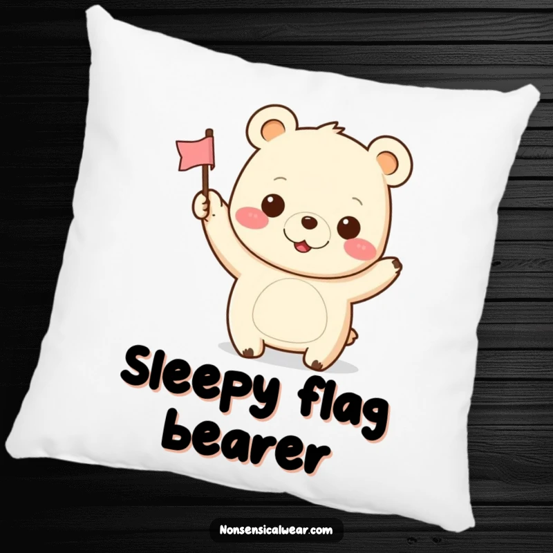 Funny Kawaii Bear Pillow: A cute, smiling kawaii bear waves a tiny flag, offering comfort and cheerful vibes.