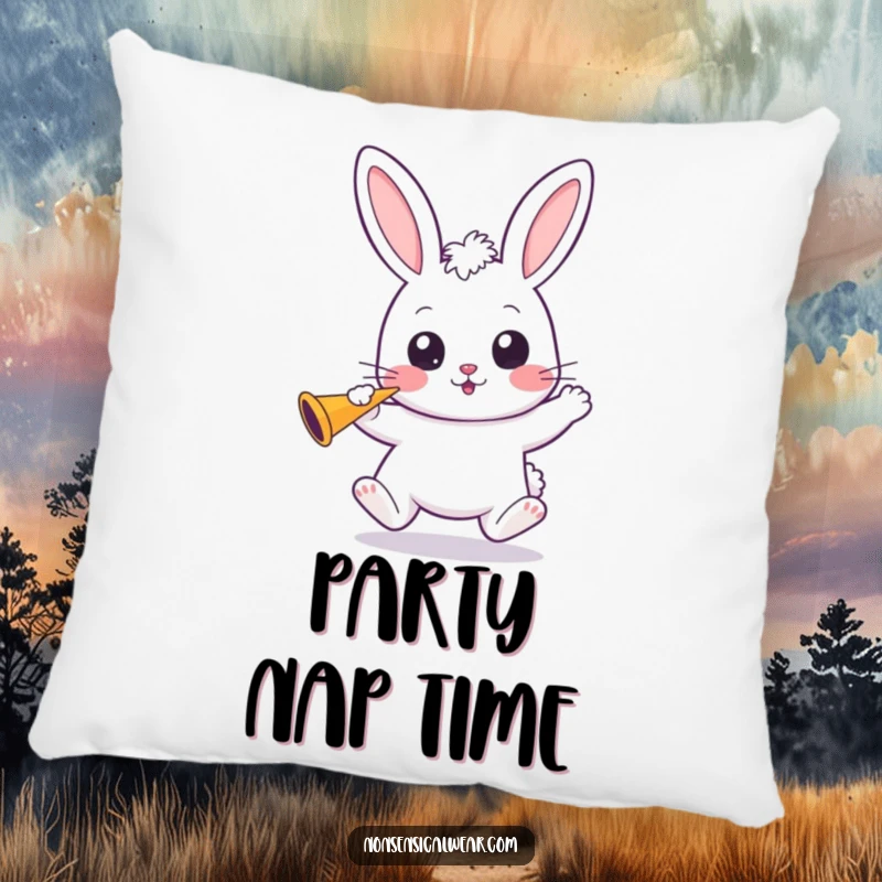 Funny Kawaii Bunny Pillow: A wide-eyed kawaii bunny bounces, holding a party horn, offering comfort and festive vibes.