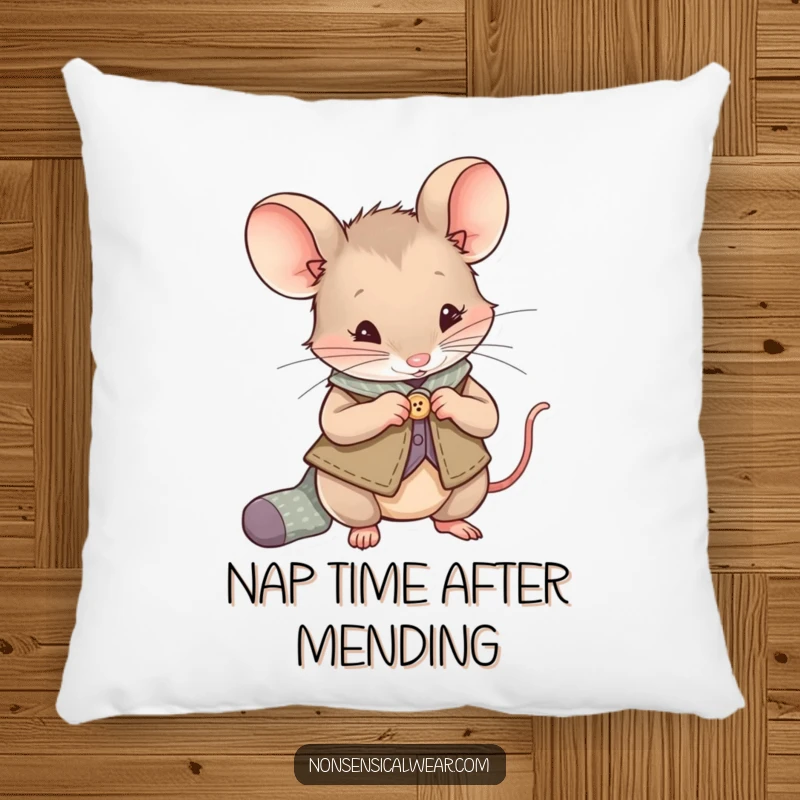 Funny Mouse Pillow: A curious mouse in a vest sews a button onto a small sock, offering comfort and a touch of whimsy.