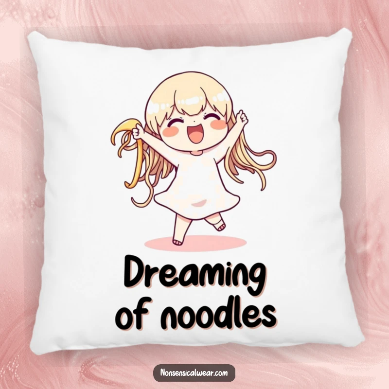 Funny pillow showcasing a character in a hilarious dance with a massive, wiggly noodle, perfect for adding comfort and quirky humor to any room.