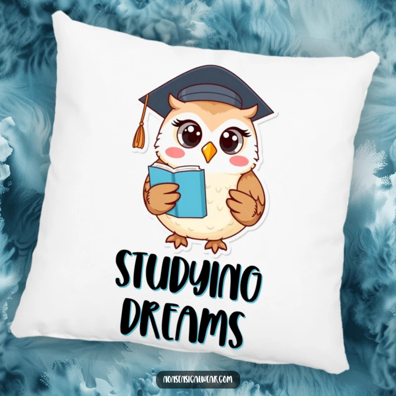 Funny pillow showcasing a round owl in a graduation cap holding a book, perfect for a student's comfort.