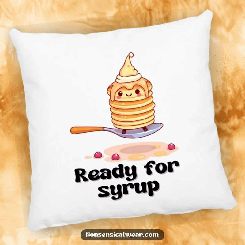 Funny pancake pillow design of a wobbly stack of pancakes wearing tiny hats attempting to walk on a spoon.