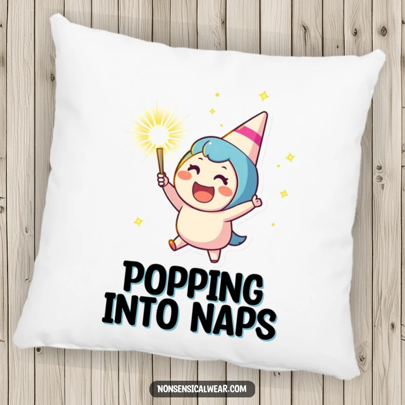 Funny pillow featuring a cheering character launching a sparkling party popper, adding comfort and a festive, joyful touch to any room.