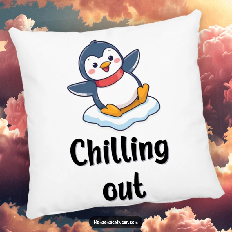 Funny pillow with a happy penguin character sliding down a snowy icy slope, offering comfort and amusement.