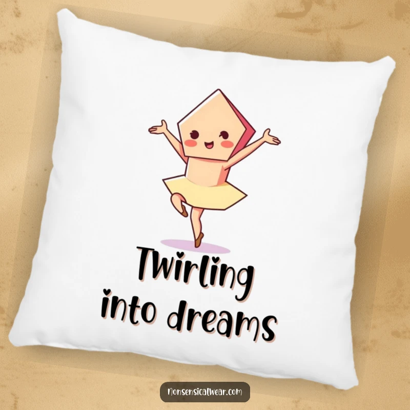 Funny pillow featuring a vibrant pentagon character gracefully performing a pirouette, offering cozy comfort with a touch of elegance.