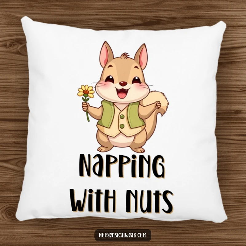 Funny squirrel in a vest holding a flower, featured on a soft pillow for humorous comfort.