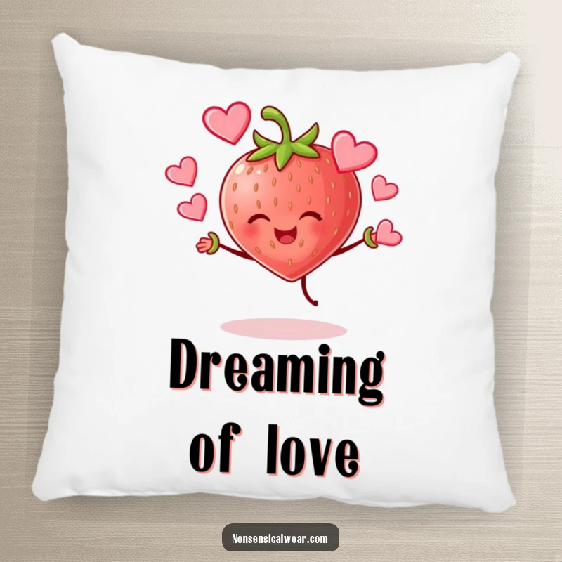 Funny cheerful strawberry character joyfully juggling hearts, a soft and decorative pillow, bringing sweet and funny love.