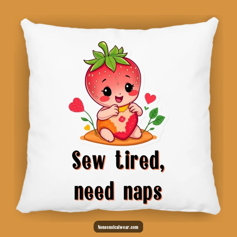 Funny Strawberry Stitcher Pillow: Cozy Cushion with Cheerful Character Sewing, Humorous Decor