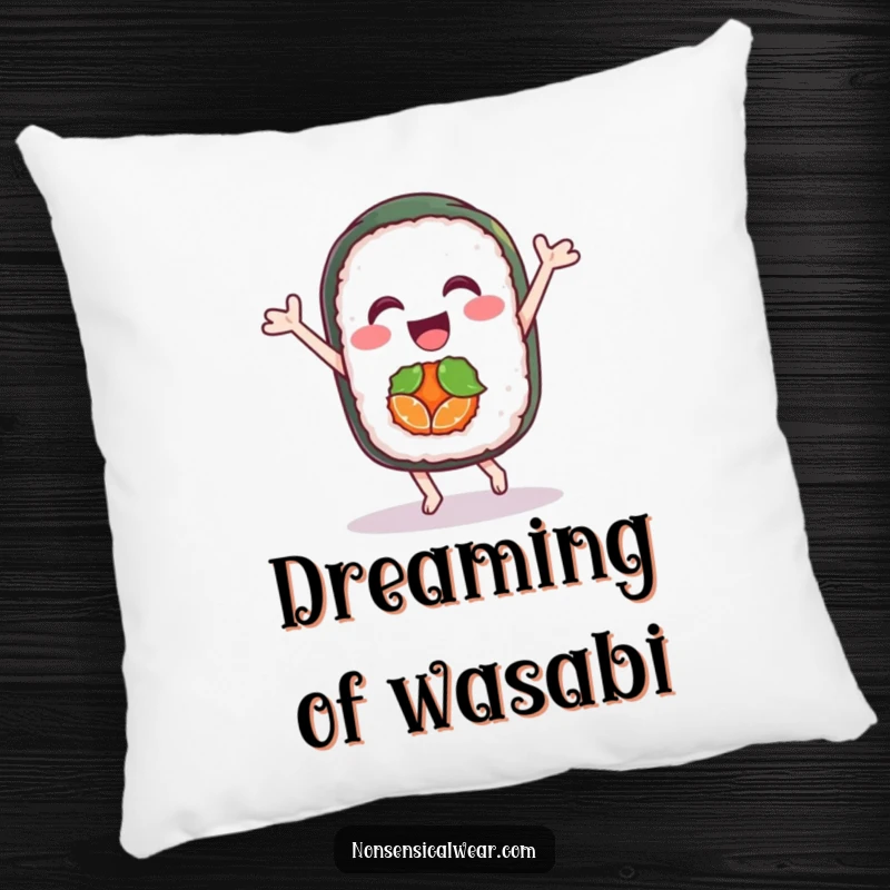 Funny pillow featuring a delighted sushi roll character dancing joyfully, perfect for adding comfort and a touch of whimsy.